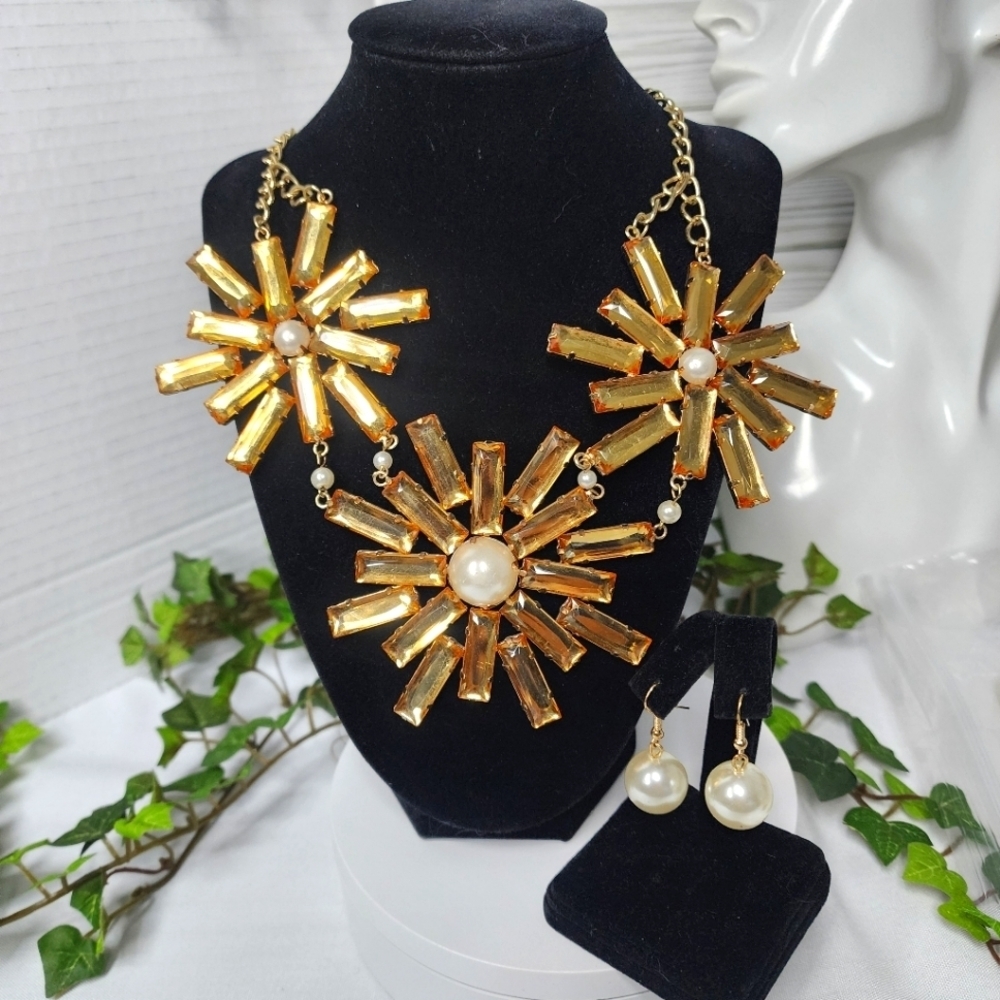 Gold Acrylic Starburst Statement Necklace Earrings Set